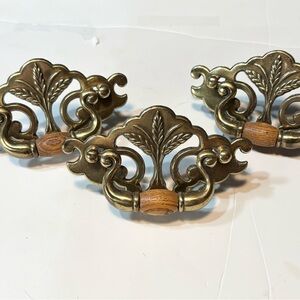 vintage set of 3 antique brass drop drawer pulls with a wheat theme wood handles